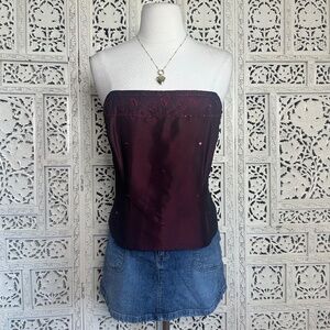 Y2K Ann‎ Taylor Burgundy Satin Sequin Fairy Corset Style Sleeveless Top Sz Large